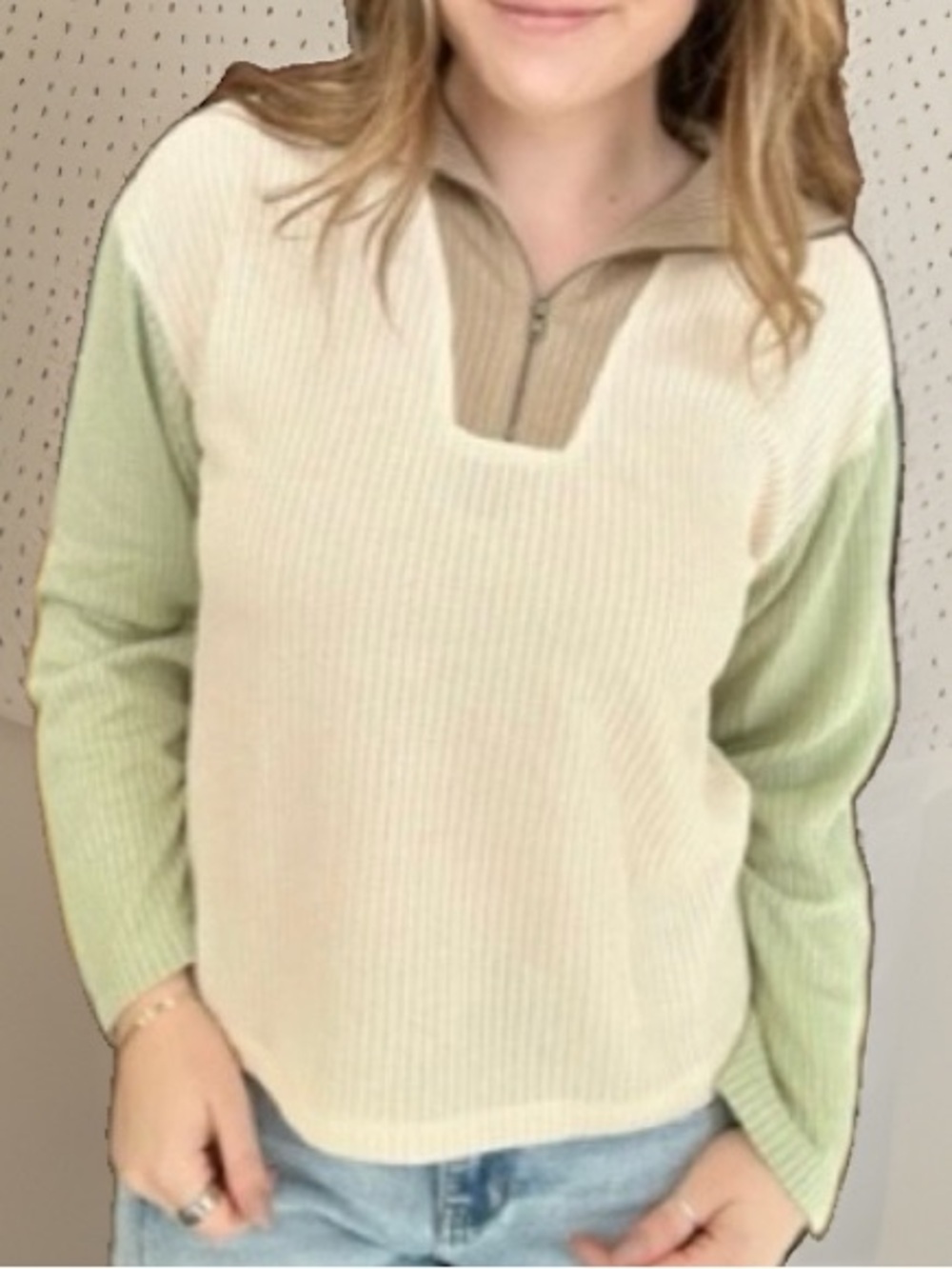 Doe & Rae Womens Large Colorblock Ribbed 1/4 Zip Sweater Polo Sage Cream NWT